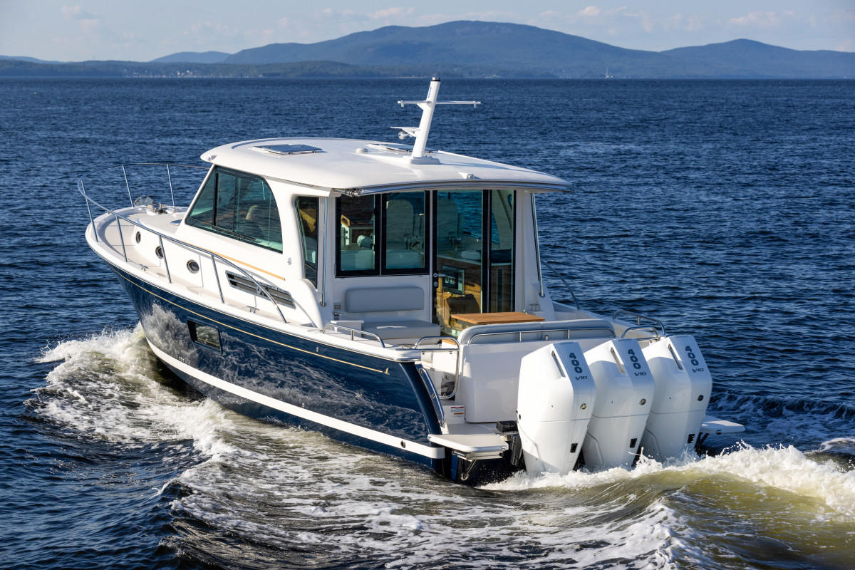 A Back Cove 390 with triple Mercury V10 400-hp Verado engines