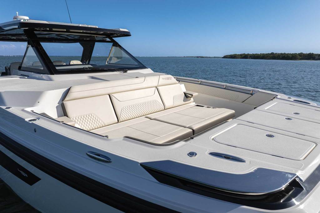 Boat bow lounges extend almost full beam.