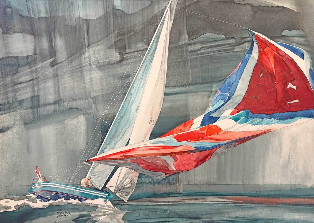 BOND,-Setting-the-Spinnaker,-AKA-502-Surge,-28-x-38-WC-copy-2048x A watercolpr painting of a boat sailing in front of a cliff with its second kite sail, flapping in the breeze.
