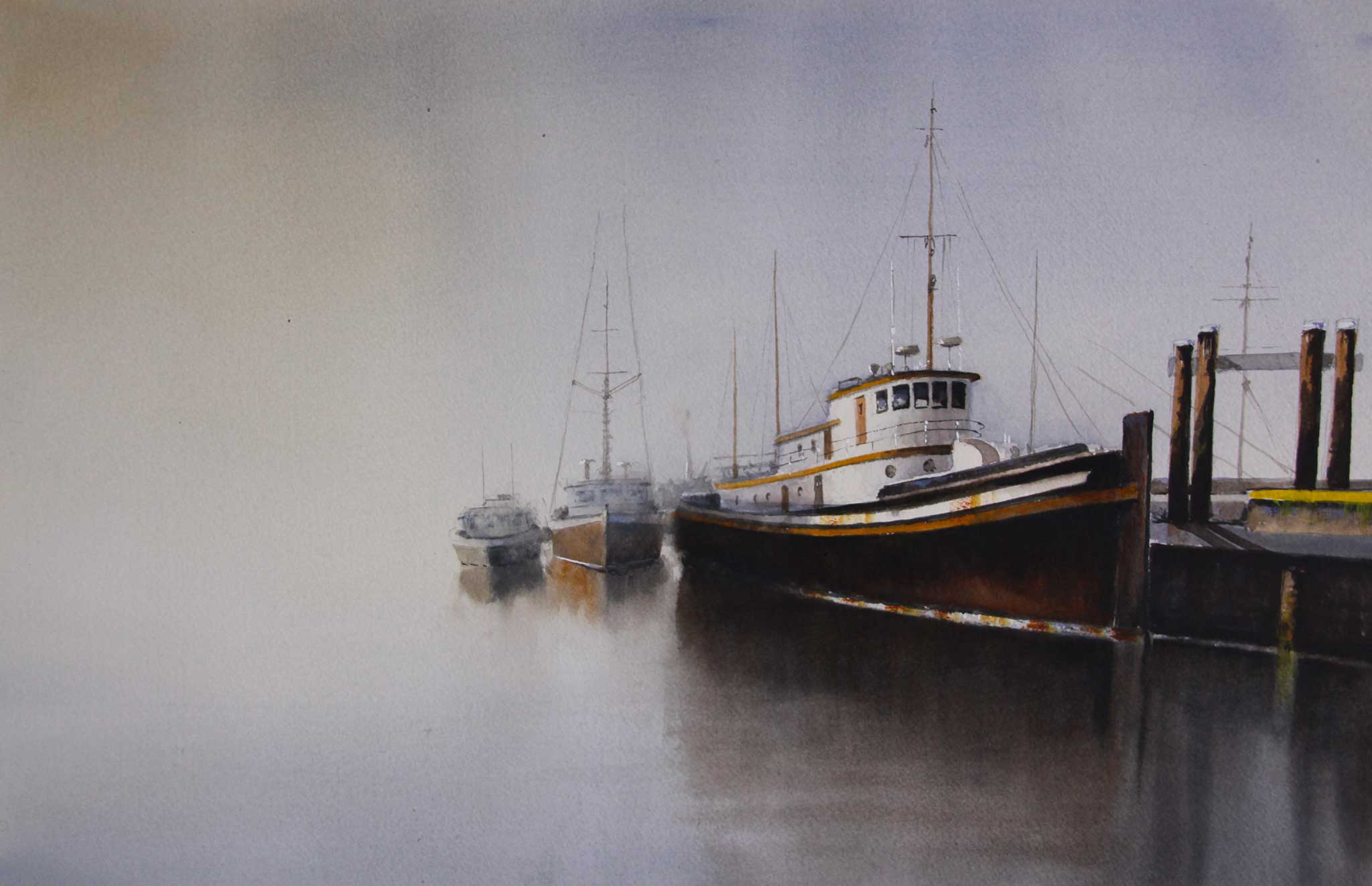 dreamlike watercolor composition of a boat docked with mist surrounding it