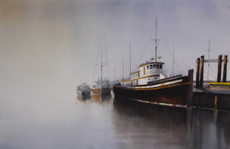 Maritime-artist-Jan-Min-creates–dreamlike-watercolor-compositions- dreamlike watercolor composition of a boat docked with mist surrounding it
