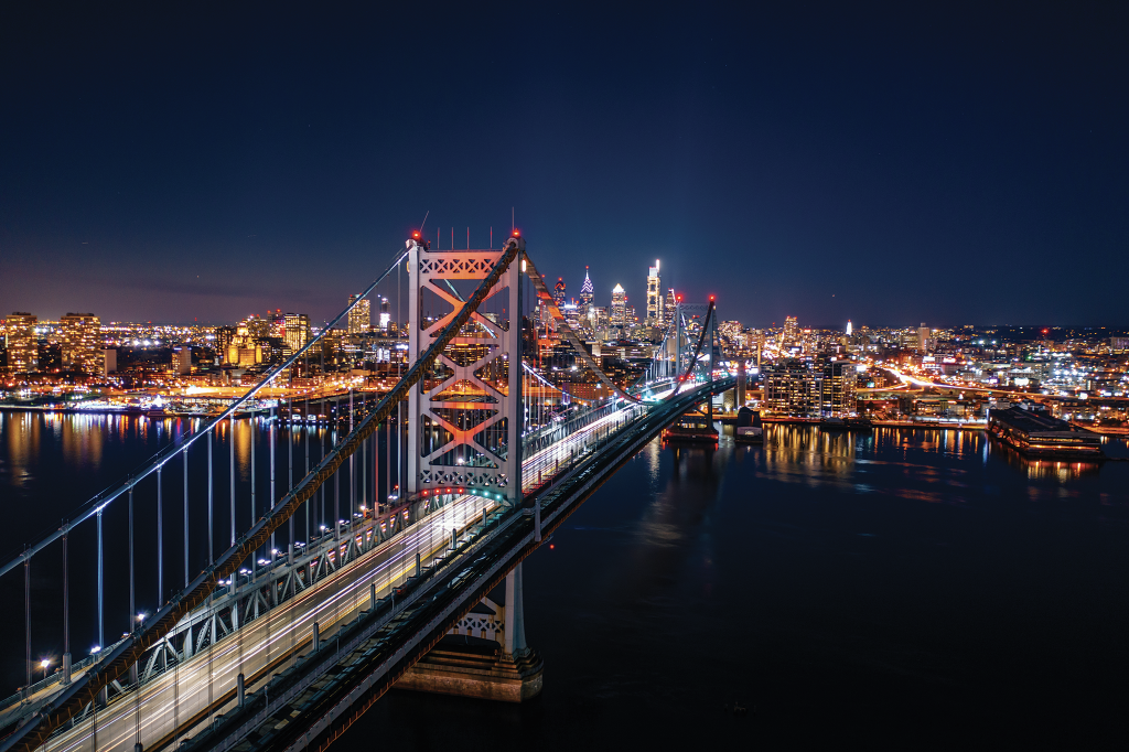 Philadelphia’s waterfront on the Delaware River. in light in the night