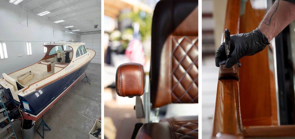 three images; one of a boat inside a warehouse, a close-up of the brown upholstery of a chair and a hand with a paint brush polyurethaning wood.