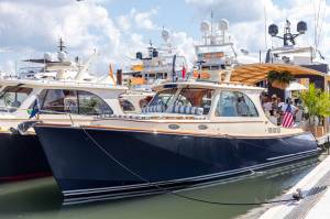 Exterior side view of a blue Hinckley boat